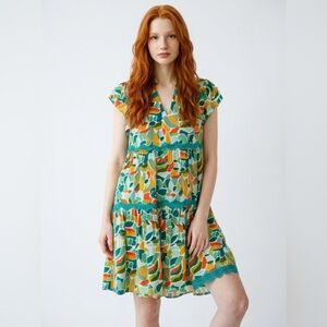 Umgee Multicolor Leaf Print Dress with Teal Trim